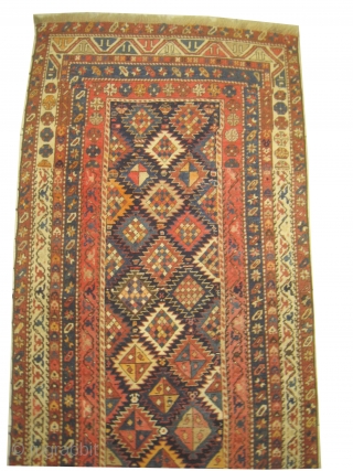 Kazak Caucasian, knotted circa in 1905 antique, 108 x 315 cm, carpet ID: SRO-4
The background is indigo, high pile, probably it was a pair, one edge is replaced.     