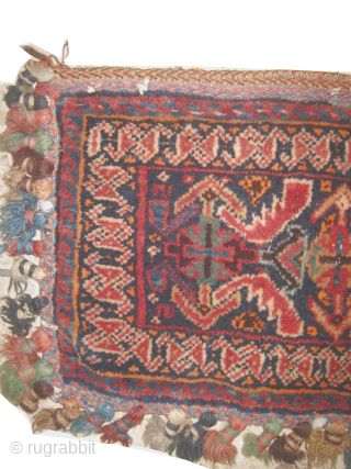  
Qashqai Persian knotted circa 1910 antique, collectors item, 30 x 51 cm, ID: HB-1
Vegetable dyes, the black knots are oxidized. The knots, the warp and the weft threads are hand spun  ...