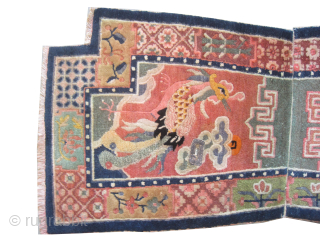 
Horse saddle cover Tibetan, knotted circa 1920, collectors item, 62 x 132 cm, ID: MMJ-14
Thick pile, finely knotted with hand spun wool, vegetable dyes, the background color is terracotta, in good condition,  ...