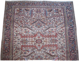 Heriz Persian knotted circa in 1928, 300 x 260 (cm) 9' 10" x 8' 6"  carpet ID: P-3931
The knots are hand spun wool, the black knots are oxidized, the background colour  ...