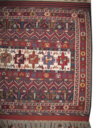 

Shirvan Caucasian kilim woven circa 1920 antique, collectors item, 185 x 108 cm, ID: HB-5
It is used as horse cover, woven with hand spun wool and silk.
Certain colors: yellow, ivory, peach and  ...