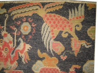 
Dragon Tibetan knotted circa 1925, collectors item, 76 x 60cm, ID: K-4888
Dragon design, the background color is indigo, the knots are hand spun lamb wool, minor places are repaired, thick pile and  ...