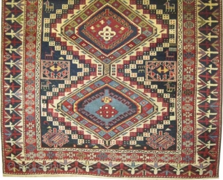 



Shirvan Caucasian, knotted circa in 1885 antique, collector's item, 158 x 112 (cm) 5' 2" x 3' 8"  carpet ID: V-89
The knots are hand spun wool, the black knots are oxidized,  ...