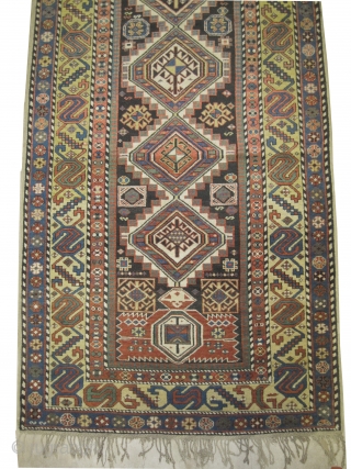 
Shirvan Caucasian, knotted circa in 1890 antique, collector's item,  335 x 129 (cm) 11'  x 4' 3"  carpet ID: V-69
Thick pile in excellent condition, fine knotted, the warp and  ...