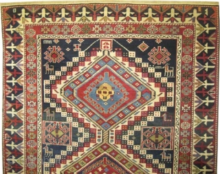



Shirvan Caucasian, knotted circa in 1885 antique, collector's item, 158 x 112 (cm) 5' 2" x 3' 8"  carpet ID: V-89
The knots are hand spun wool, the black knots are oxidized,  ...