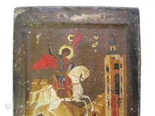 	

Russian Icon Saint George from 1700, antique, collector's item, museum standard.  30 x 27 (cm) 1'  x 11"  , Icon ID: IC-5
Saint George on white horse killing the dragon,  ...