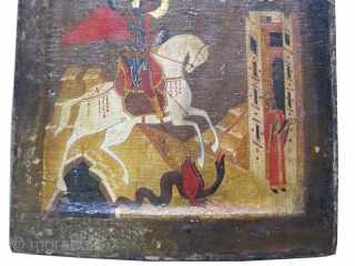 	

Russian Icon Saint George from 1700, antique, collector's item, museum standard.  30 x 27 (cm) 1'  x 11"  , Icon ID: IC-5
Saint George on white horse killing the dragon,  ...