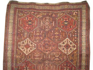
Shiraz Khamse Persian, knotted circa 1890 antique, collectors item, 146 x 178 cm, ID: K-5607
Vegetable dyes, the brown background is oxidized to be knotted, the knots are hand spun wool, the warp  ...