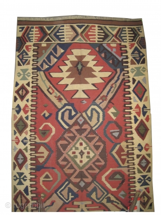 	

Bessarabian kilim  art deco period, collector's item,  285 x 150 (cm) 9' 4" x 4' 11"  carpet ID: A-932
In good condition, woven with hand spun wool, the warp and  ...