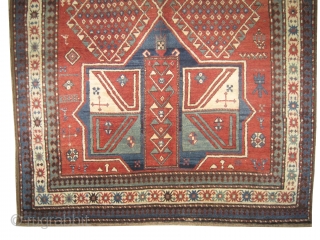 
 	

Fachralo-Kazak Caucasian, knotted circa in 1885 antique, collectors item, 243 x 156 (cm) 8'  x 5' 1"  carpet ID: V-53
High pile, in perfect condition, the black color is oxidized,  ...