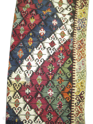 

Fragment Rihanli kelim Anatolian, woven circa 1860 antique, collectors item, 83 X 474 cm, ID: A-1158
Woven with hand spun wool, the white color is cotton, four tiny holes to be repaired,   ...