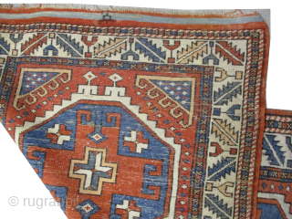 Bergama Turkish, knotted circa 1895 antique, 79 x 146 cm
Signed, thick pile, the knots are hand spun wool, vegetable dyes, the black knots are oxidized, ivory border, rust background.    