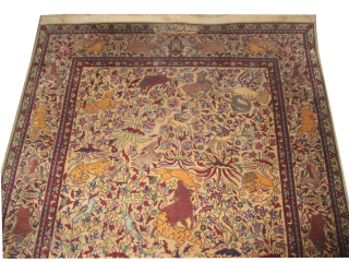 Our new website: www.madayancarpets.ch 

Indian carpet, semi-antique, 140 x 211 cm, ID: HK-1
Signed, hunting design, very finely knotted circa 300’000 knots in square meter, the background color and the surrounded large border  ...