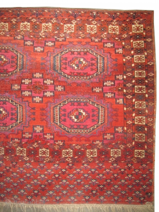 Tekke Tchwal Turkmen antique, 1870. Collectors item. CarpetID: K-5612. Size: 128 x 79 (cm) 4' 2" x 2' 7" feet.
Vegetable dyes, the black color is oxidized, the knots are hand spun wool,  ...