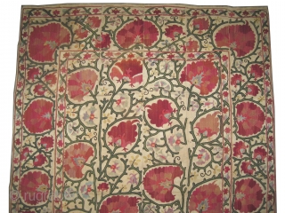  
Suzani Uzbek Dzhizak , antique. Size: 233 x 156 (cm) 7' 8" x 5' 1" carpet ID: A-1100 
Embroidered with silk on hand woven linen. Vegetable dyes, perfect condition. Rare example,  ...