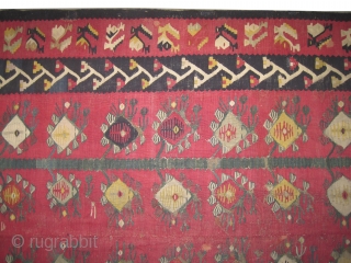 
Sharkoy kelim antique.
Size: 258 x 149 (cm) 8' 6" x 4' 11" carept ID: A-476
Vegetable dyes, woven with hand spun wool, the background color is purple, all over design, two pieces are  ...