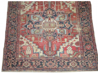 Heriz Persian, knotted  antique,  262 x 242 (cm) 8' 7" x 7' 11"  carpet ID: P-4765
The black knots are oxidized, the knots are hand spun wool, the selvages are  ...