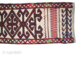 
Kibitka tent-band Uzbek 1925 semi-antique, collectors item, 1630 x 30 (cm) 53' 5" x 1' 
 carpet ID: SA-157
Signed, the knots are hand spun wool, high pile, in perfect condition. The design  ...
