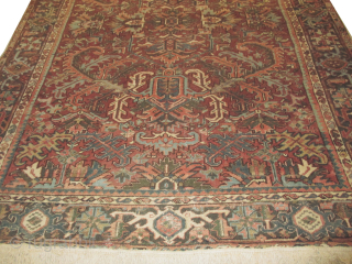 
Heriz Persian knotted circa 1910 antique, 238 x 314 cm,  ID: MAM-10
The black knots are oxidized, the background color is rust, allover design, the surrounded large border is indigo, the selvages  ...