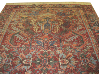 
Heriz Persian knotted circa 1910 antique, 238 x 314 cm,  ID: MAM-10
The black knots are oxidized, the background color is rust, allover design, the surrounded large border is indigo, the selvages  ...