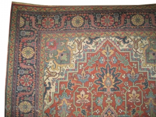 
Serapi Heriz knotted circa in 1910 antique, 324 x 220 (cm) 10' 7" x 7' 3" 
 carpet ID: P-1276
The knots are hand spun wool, the black knots are oxidized, the background  ...