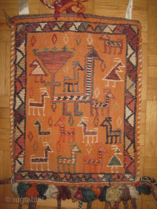 
Qashqai Persian bag, woven circa 1935, semi antique, collectors item, 38 x 28 cm, ID: 131E-3.
Woven with hand spun wool and two different techniques flat and Jejin, both faces are designed with  ...