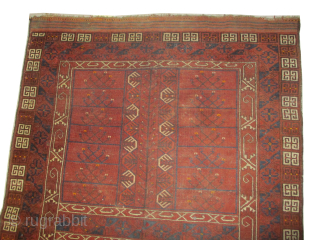 Ensi Turkmen, knotted circa 1880, antique, 138 x 191 cm, ID: HGW-4
Vegetable dyes, collectors item, both edges are finished with 4 to 8cm kilim, the shirazi borders are woven on two lines  ...