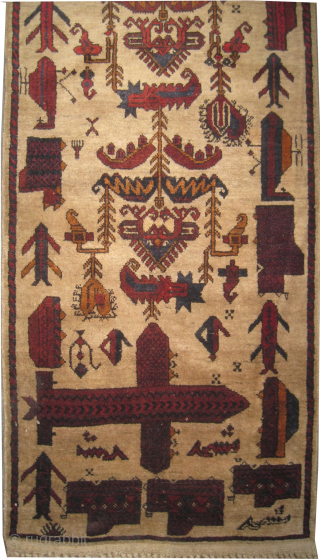 Our new website: www.madayancarpets.ch
Belutsch Afghan, 60 x 275 cm / 2'0" x 9'0" feet, ID: T-797
Historical subject, designed with airplanes, helicopters, etc. The knots, warp and weft threads are wool. Both edges ...