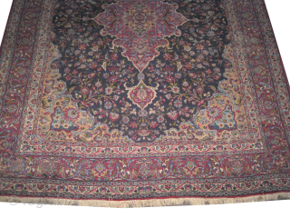 

Kirmanshah Persian old, 315 x 405 cm, ID: P-4758
The knots are hand spun wool, vegetable dyes, the black knots are oxidized, the background color is indigo, the center medallion is soft yellow  ...