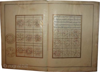 
Islamic astrological book, 17/18 century, antique, collector's item, museum standard, manuscript "Astrology" book, most of the pages are colored and golden. Size: 30 x 21 (cm) 1'  x 8"  carpet  ...