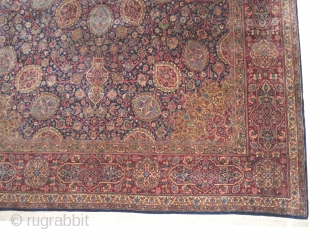 Kashan Kurk Persian, knotted circa in 1935, 340 x 483 cm, carpet ID: LUB-1
The knots are hand spun lamb wool, the background is indigo, the center medallion and the corners are soft  ...