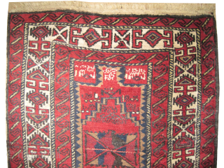 
:

Belutch Afghan, dated 1331= 1912, and with inscriptions, 83 x 135 cm, ID: 325AF
Prayer design, the warp and the weft threads are 100% wool, the surrounding ivory border with Cufic design, the  ...