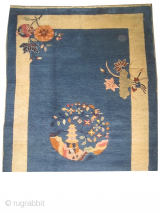 Chinese circa 1930.  Size: 119 x 205 (cm) 3' 11" x 6' 9" 
 carept ID: K-2717 
certain colors are oxidized, the knots are hand spun wool, indigo background, high pile,  ...