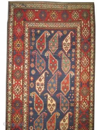 Saliani Caucasian knotted circa in 1865, antique. Collector's item. Size: 290 x 116 (cm) 9' 6" x 3' 10"  carpet ID: V-181
The background is indigo with all over Mirabotha design, the  ...