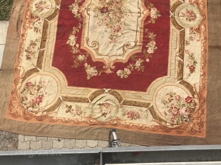 
Aubusson French, woven circa in 1900, antique. 415 x 505 cm, carpet ID: LUB-12
The background is burgundy, the center medallion and the surrounding large border are ivory, to be washed, minor places  ...