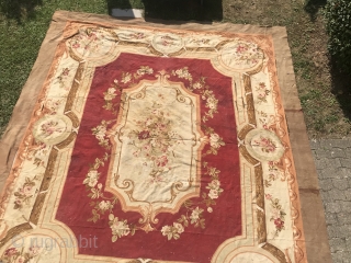 
Aubusson French, woven circa in 1900, antique. 415 x 505 cm, carpet ID: LUB-12
The background is burgundy, the center medallion and the surrounding large border are ivory, to be washed, minor places  ...