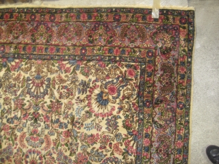 
Kirman Persian, old, 180 x 280 cm, ID: SL-1
Finely knotted, the knots are hand spun wool, the background color is ivory, allover floral design, thick pile, part of one large border has  ...