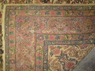 
Kirman Persian, old, 180 x 280 cm, ID: SL-1
Finely knotted, the knots are hand spun wool, the background color is ivory, allover floral design, thick pile, part of one large border has  ...