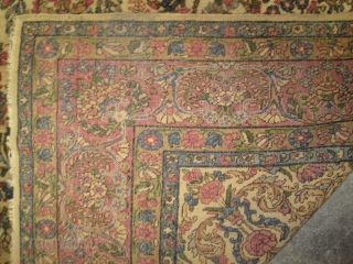 
Kirman Persian, old, 180 x 280 cm, ID: SL-1
Finely knotted, the knots are hand spun wool, the background color is ivory, allover floral design, thick pile, part of one large border has  ...