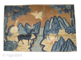 Chinese, knotted circa 1905 antique, 124 x 193 cm, ID: K-4717
Pictorial design, vegetable dyes, the knots are hand spun lamb wool, high pile, in perfect condition, soft as an handkerchief, in its  ...