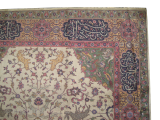 
Amritsar Indian, knotted circa 1910 antique, 245 x 340 cm, ID: P-6020
From 16th century Mohgul design, vegetable dyes, the knots are hand spun wool, ivory background designed with animals, the surrounded large  ...