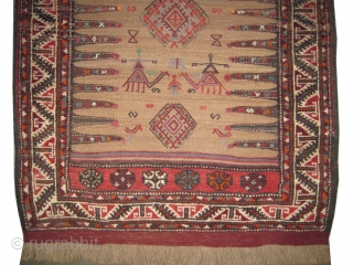  

Sofre Gutschan-Kurd Persian, woven circa 1940, semi antique. 190 x 100 cm, ID: K-4182
Woven and knotted with hand spun wool, the background is flat woven with camel hair, the surrounded 19  ...