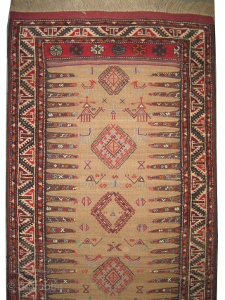  

Sofre Gutschan-Kurd Persian, woven circa 1940, semi antique. 190 x 100 cm, ID: K-4182
Woven and knotted with hand spun wool, the background is flat woven with camel hair, the surrounded 19  ...