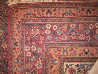 
Carpet ID:
RY-27
Description:
Birdjend Persian, knotted circa 1925, 355 x 247 cm, ID: MRY-27
The center medallion is green with red and indigo, the background color is wine red, the four corners are green, the  ...
