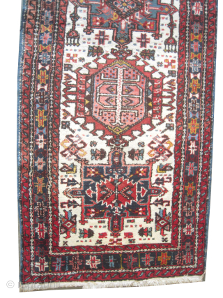 
Karadja Persian, knotted circa 1935, 99 x 344 cm, ID: K-3594
The black knots are oxidized, the knots are hand spun wool, the background color is ivory With 7 center medallions, the surrounded  ...
