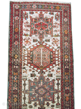 
Karadja Persian, knotted circa 1935, 99 x 344 cm, ID: K-3594
The black knots are oxidized, the knots are hand spun wool, the background color is ivory With 7 center medallions, the surrounded  ...