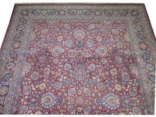 Birdjend Persian signed and old, 456 x 332 cm, carpet ID: MAM-3
The knots are hand spun wool, the background is warm rust, allover floral design, thick pile in perfect condition.   