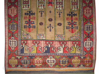 
Karaman prayer Turkish, knotted circa 1925 antique, 110 x 164 cm, ID: K-3601
The knots, the warp and the weft threads are 100% wool. Both edges are finished with 6cm kilim, high pile,  ...