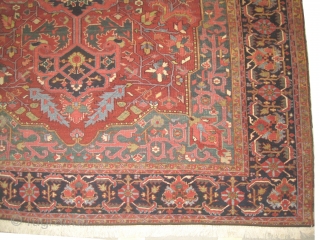 Heriz Persian circa 1910 antique, 264 x 378 cm, carpet ID: KI-1 
Vegetable dyes, the black color is oxidized, the knots are hand spun wool, the background is rust, indigo medallion, green  ...