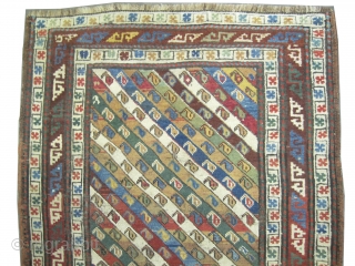 
Gendja Caucasian knotted circa in 1900 antique, collector's item, 181 x 95 (cm) 5' 11" x 3' 1"  carpet ID: K-3543
The warp and the weft threads are wool, the black knots  ...